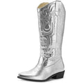 Mysoft Womens Size 8.5 Silver Faux Leather 1.5" Block Heel Western Cowboy Boots