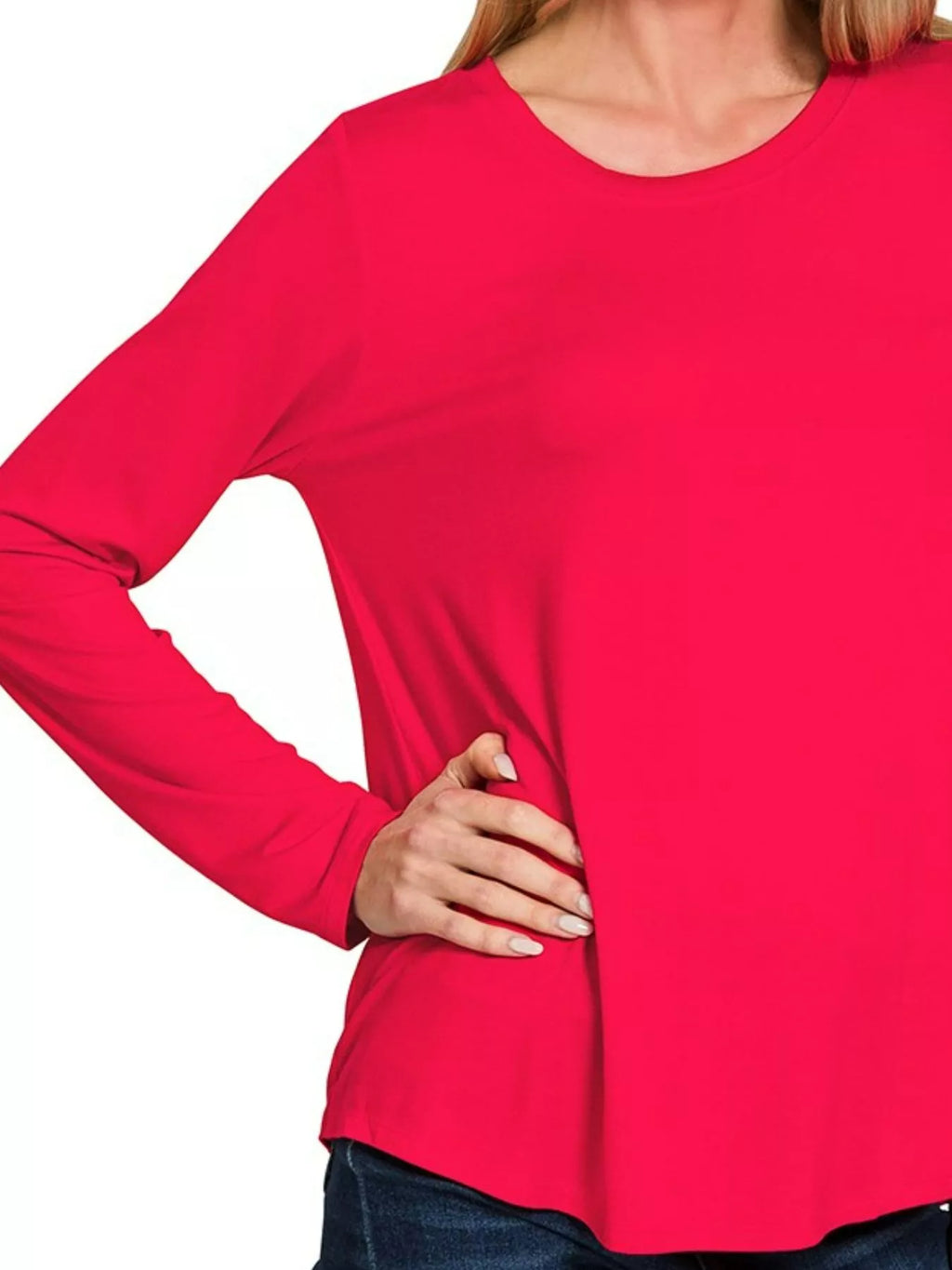 Zenana Flowy Round Hem Rayon Long Sleeve Top