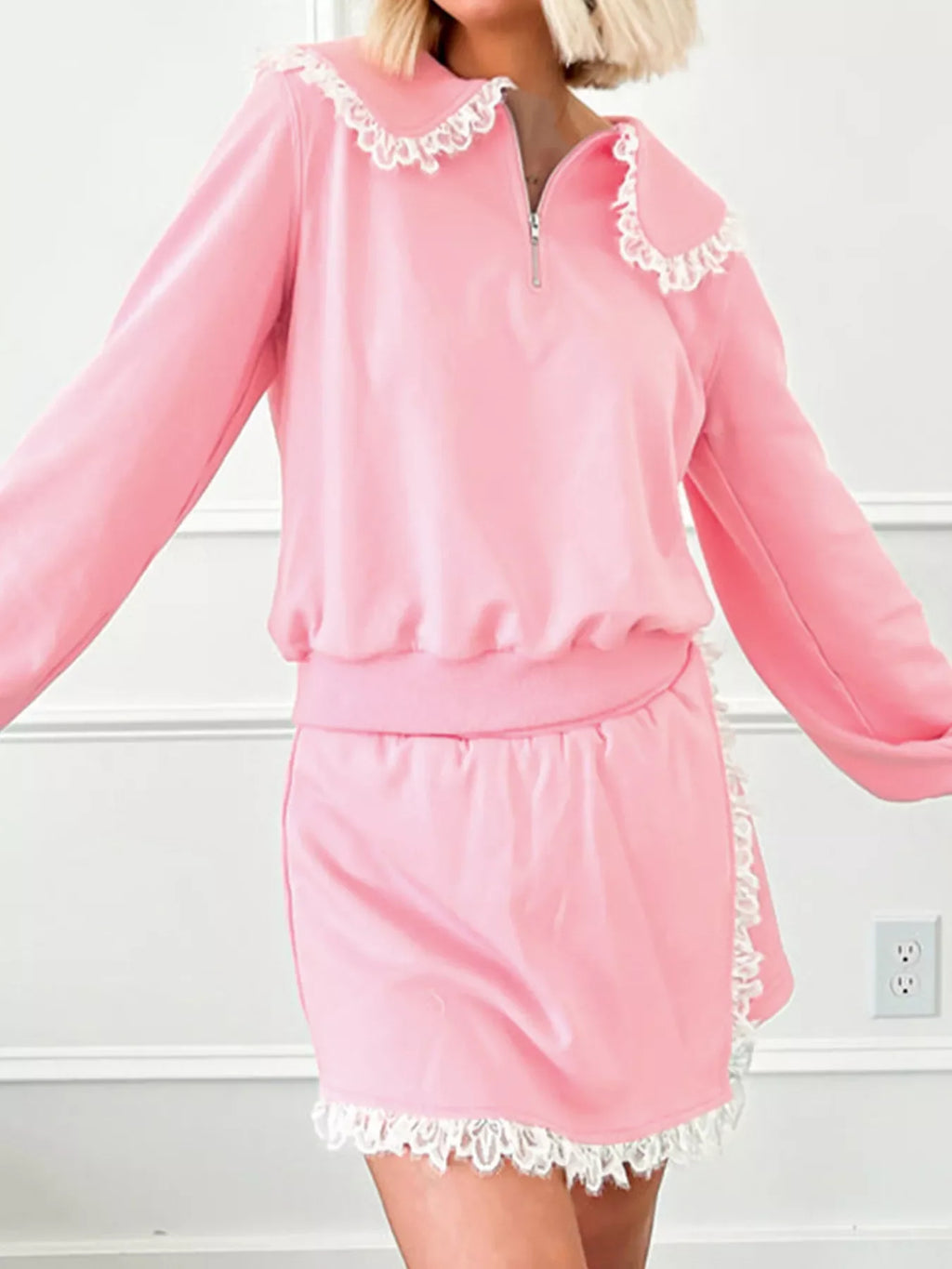 Peter Pan Lace Embellished Neck Sweatshirt and Skirt Two Piece Set