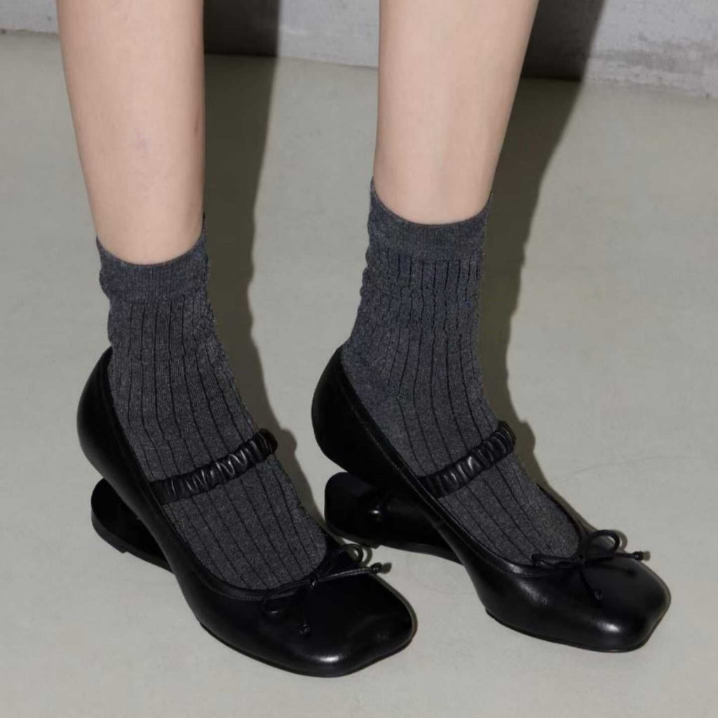 Women's Square Heel Leather Pumps with Bow Accent - Genuine Leather Mid Heel Shoes