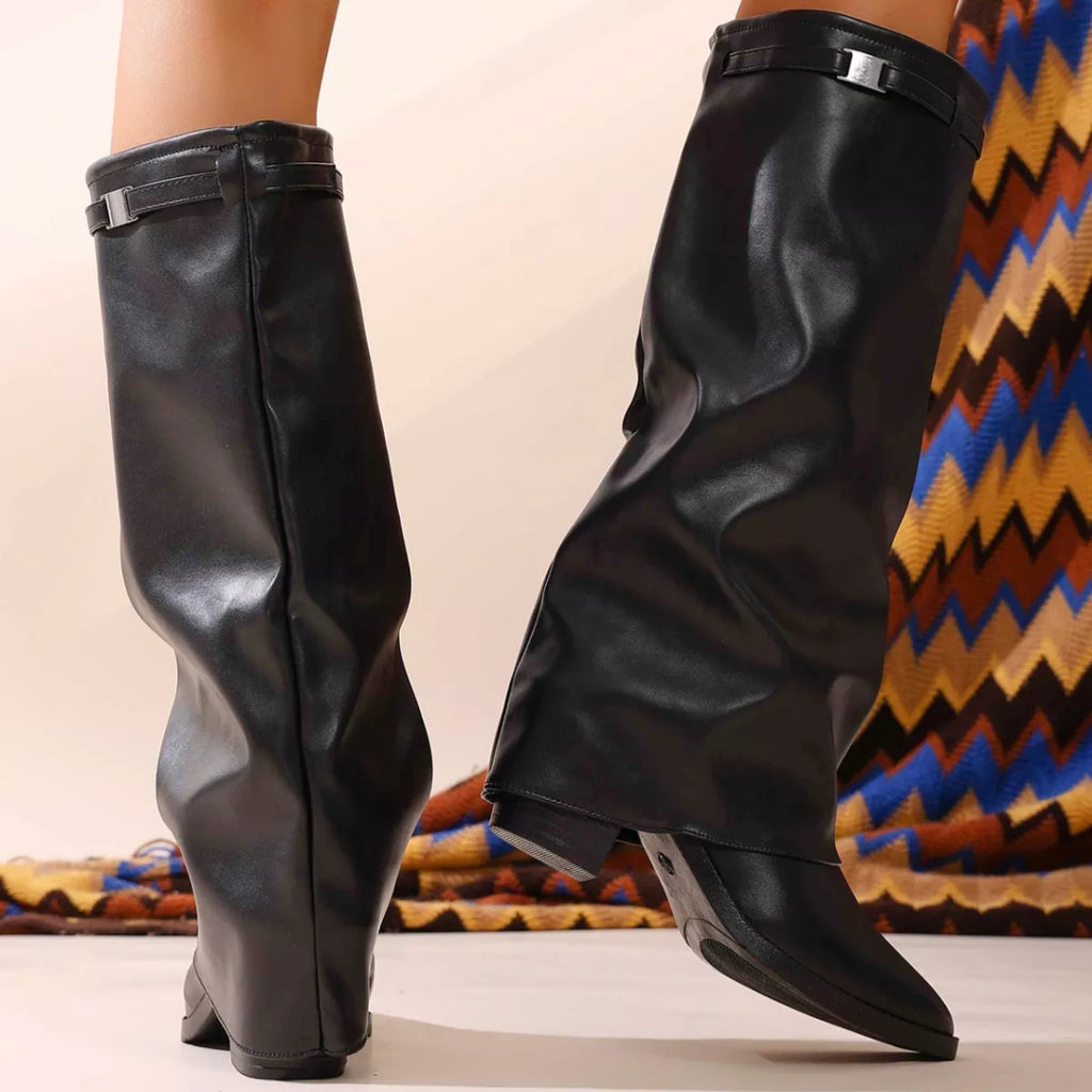 Women's Pointed Toe Block Heel Boots | Stable High Heel | PU Leather Ankle Boots