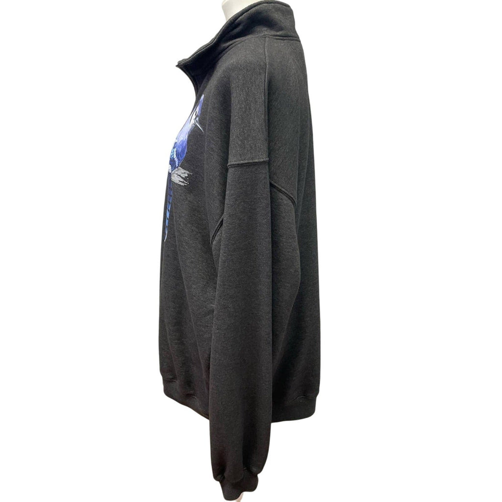 Hand Printed Upcycled Mens 2XL Blue Jay Bird Soft 1/4 Zip Pullover Sweatshirt