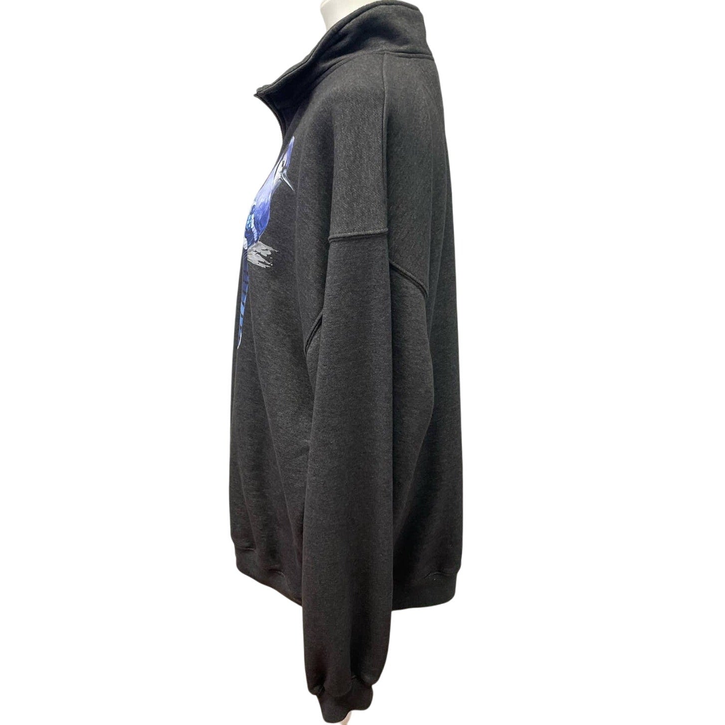 Hand Printed Upcycled Mens 2XL Blue Jay Bird Soft 1/4 Zip Pullover Sweatshirt