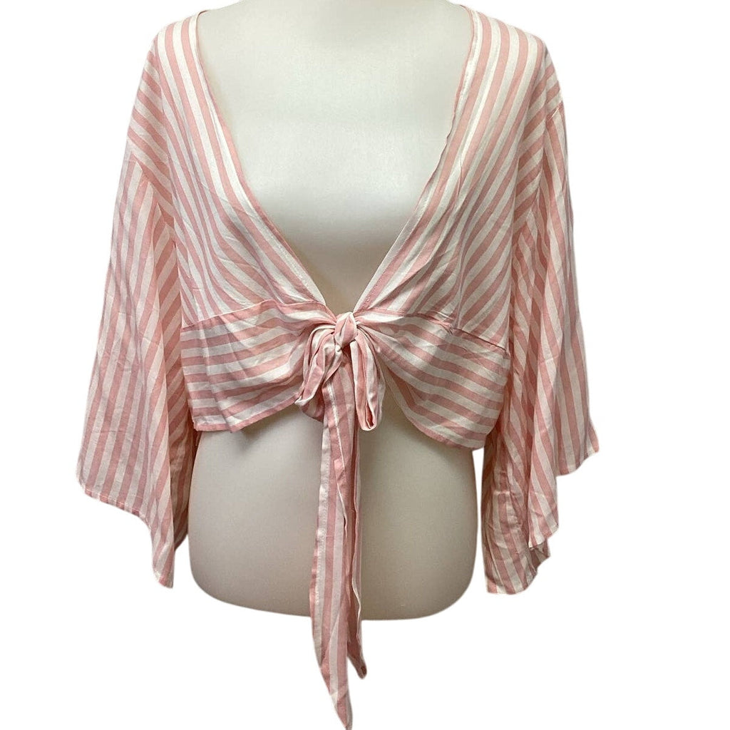 Cute Womens Medium Striped Long Flowy Sleeve 100% Viscose Front Tie Blouse Top