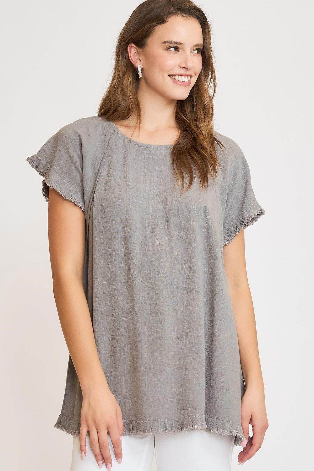 Umgee Full Size Seam Detail Linen Ruffle Fringe Edge Top Plus Size