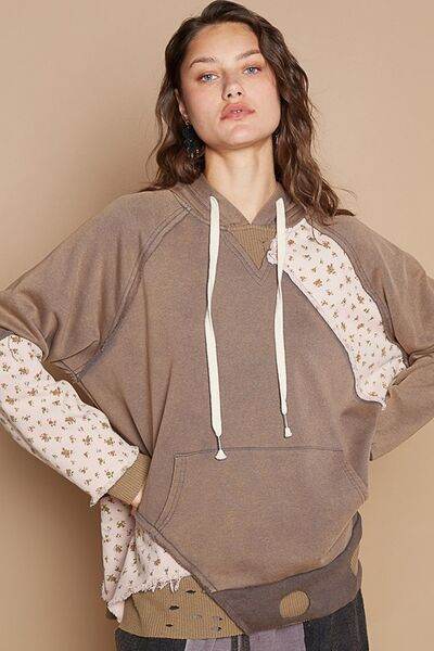 POL Floral Patchwork Distressed Drawstring Hoodie