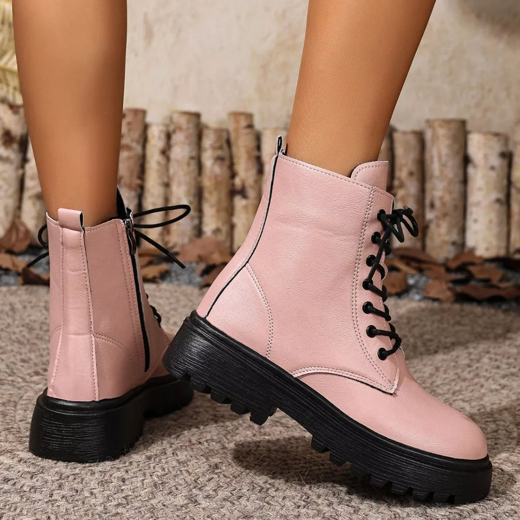 Women's Lace-Up Ankle Combat Boots | Low Heel PU Leather | Khaki Pink Brown