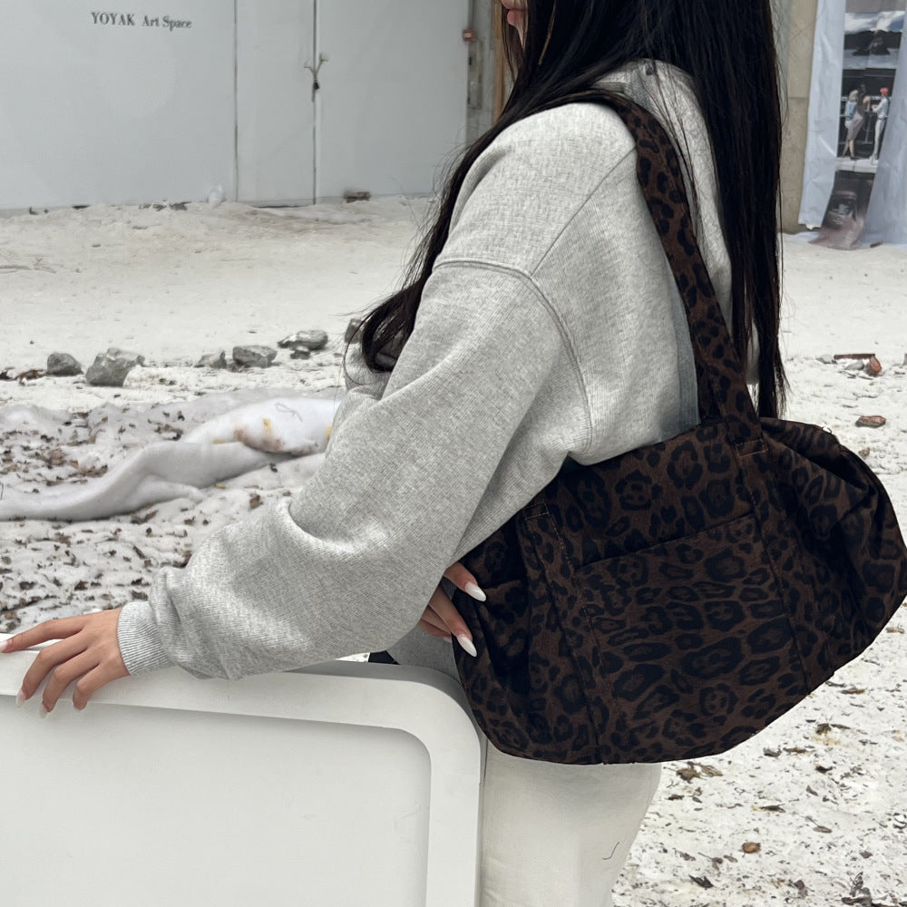 Women's Leopard Print Tote Bag - Soft Suede Shoulder Bag with Dual Straps