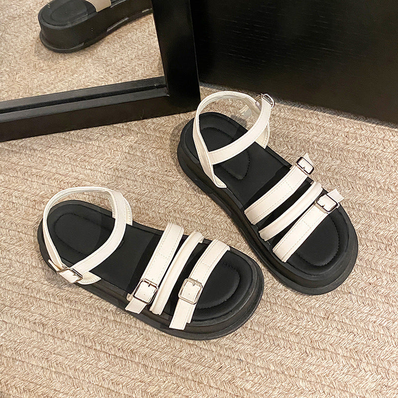 Women's Roman Style Flat Sandals | Buckle Beach Shoes | Black & Off-White