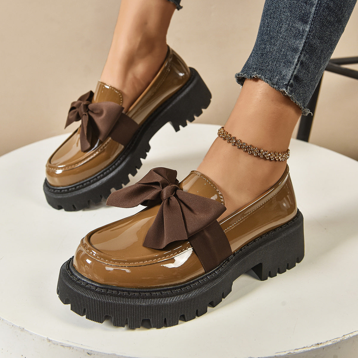 Women's Vintage Bow-Tie Loafer Shoes | Chunky Heel Slip-On