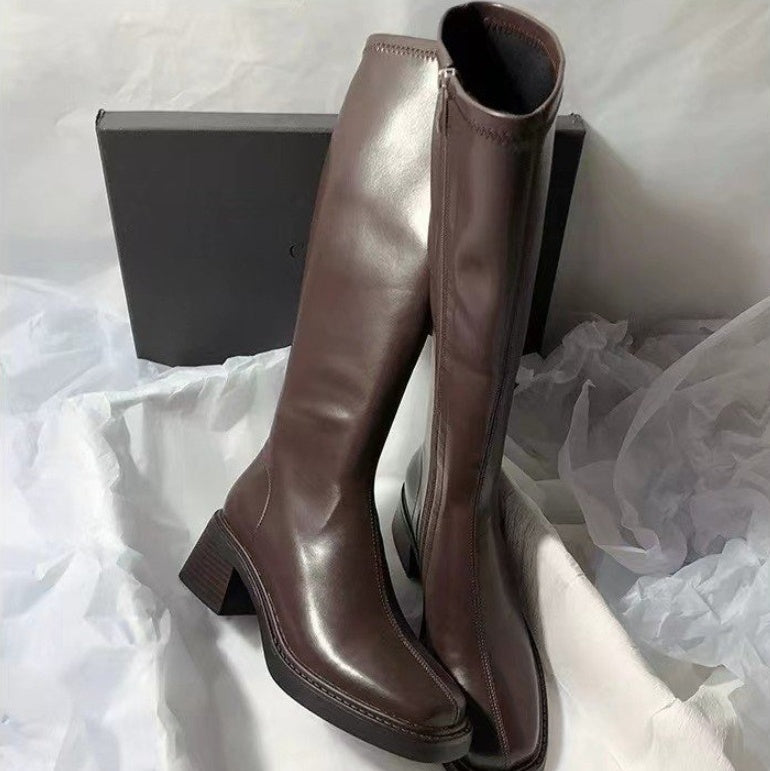 Women's Square-Toe Over-the-Knee Boots | Chunky Heel Side Zipper | Brown & Black