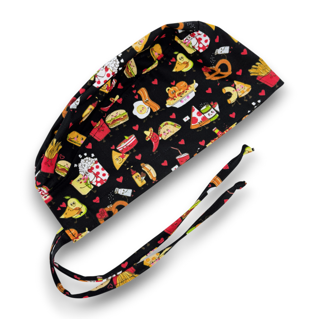 Food with Love Skull tie-back style surgical scrub cap for men by Paradise Caps.