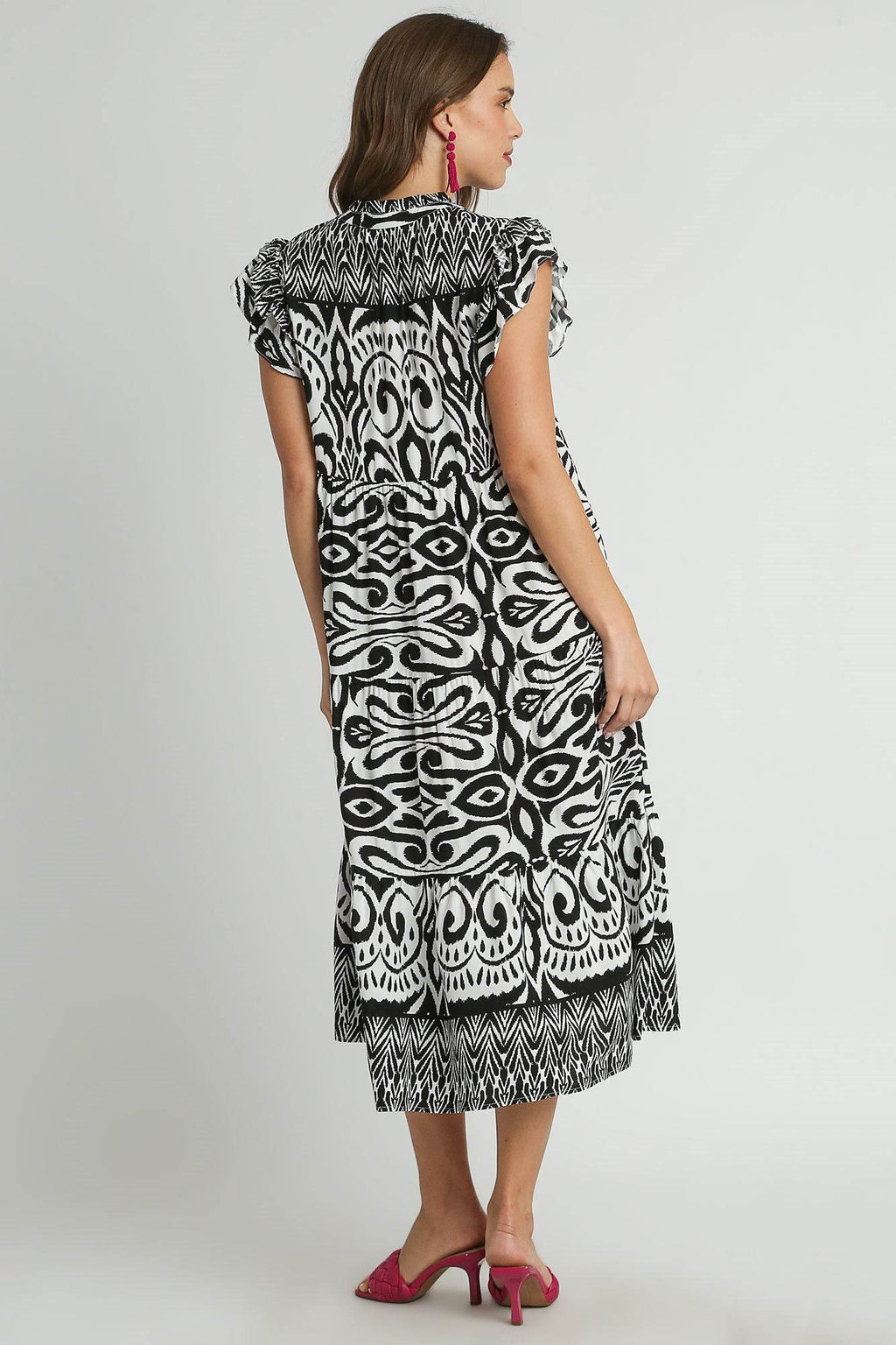 Umgee Full Size Two Tone Border Print Ruffle Cap Sleeve Midi Dress Plus Size