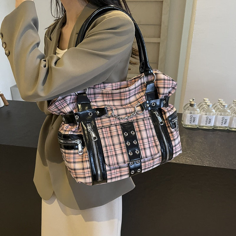 Women's Plaid Crossbody Bag with Rivet Details - Casual Shoulder Handbag