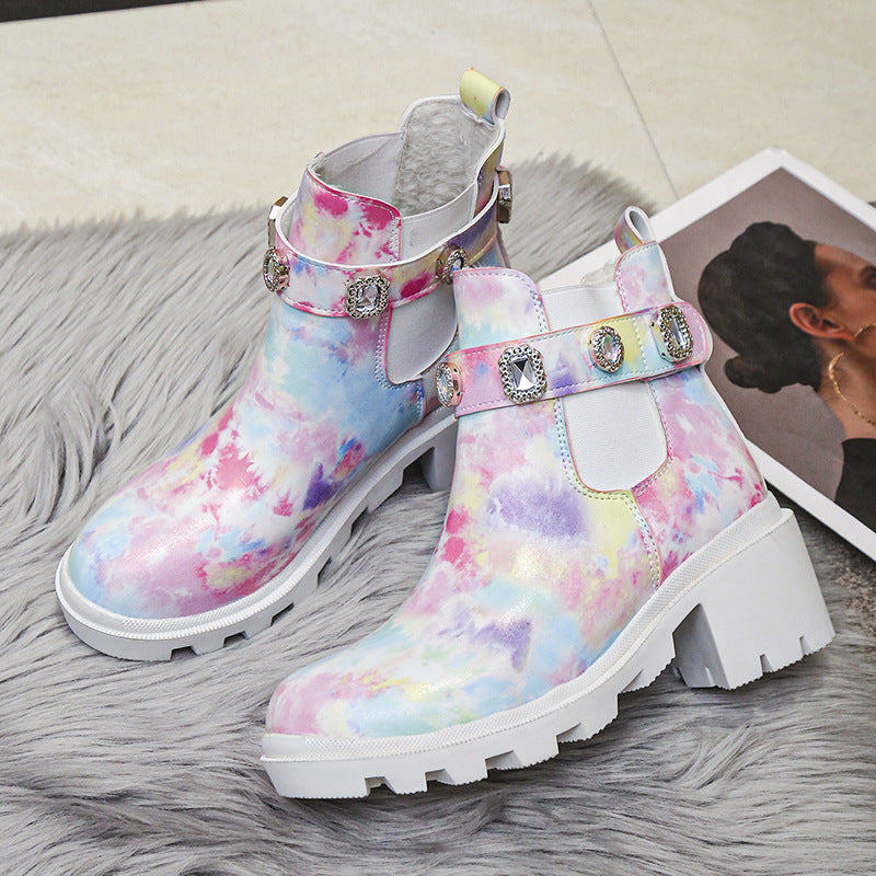 Women's Rhinestone Chunky Heel Ankle Boots - Mid Heel Fashion Boots