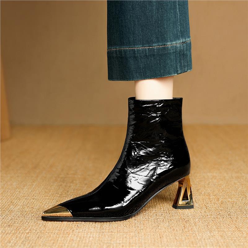 Wine-Red Patent Leather Pointed-Toe Ankle Boots for Women - Stiletto Heel Winter Boots
