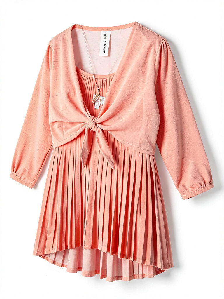Beautees Girls' Big 2 Pc. Tie Front Shrug Over Pleated Tunic, Coral, Size Large