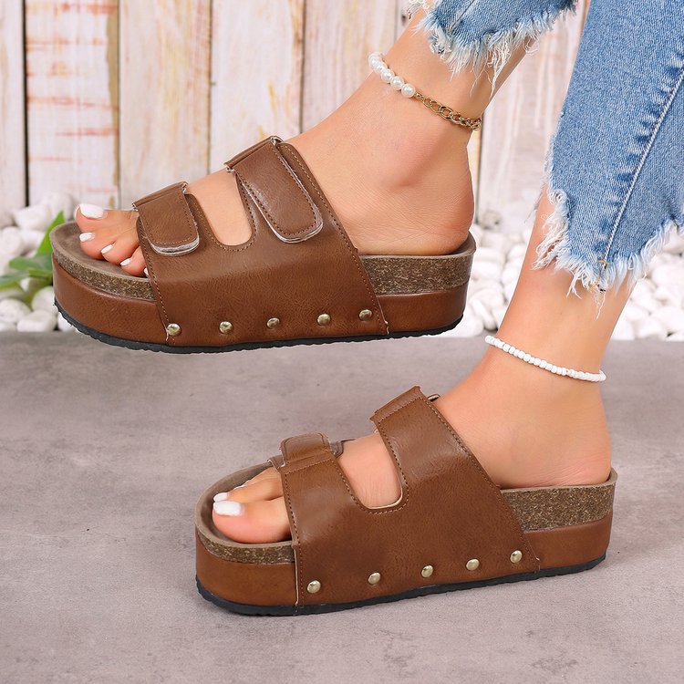 Women's Platform Sandals with Velcro Straps - Thick Sole Beach Shoes with Rivet Details
