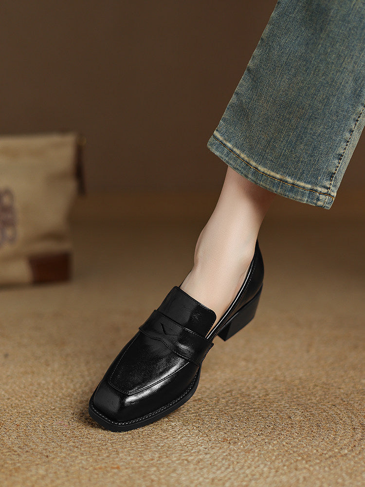 Women's Retro Square-Toe Chunky-Heel Slip-On Loafers – Sheepskin Leather