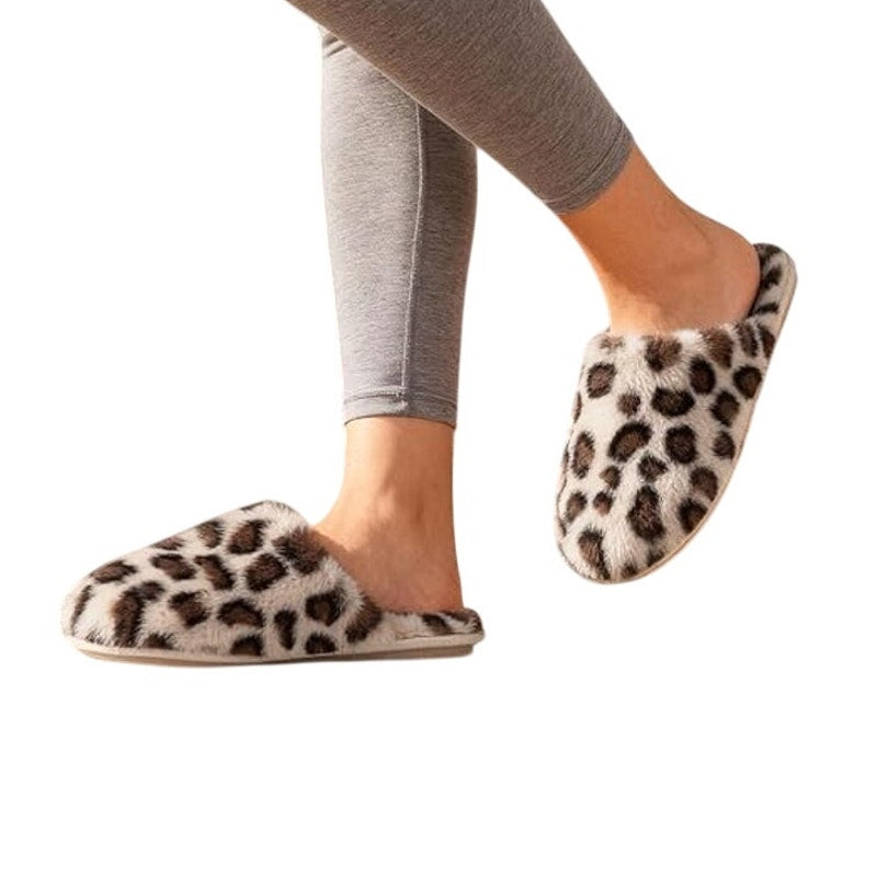 New Snug Leaves Womens 7/8 White Brown Leopard Spot Fuzzy Memory Foam Slippers