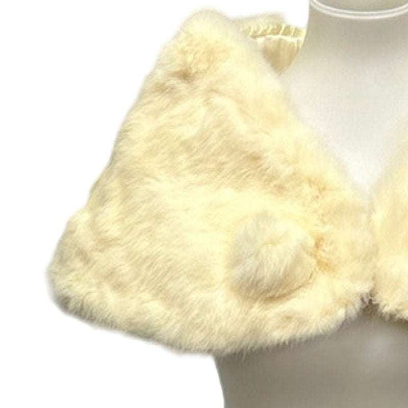 Vintage Cream Real Animal Fur Front Clasp Womens Super Soft Satin Lined Capelet