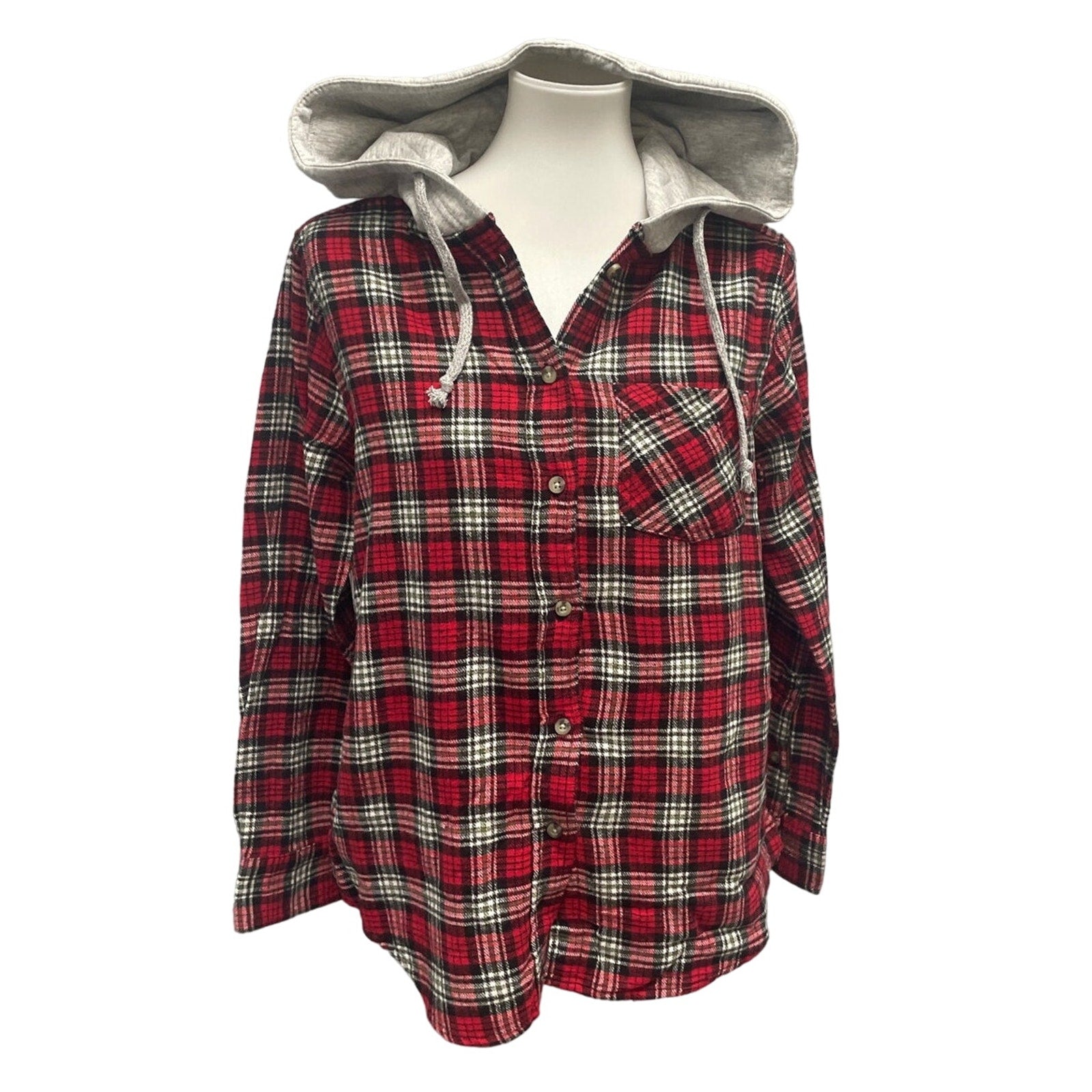 New Time and Tru Womens Medium Long Sleeve Plaid Flannel Cotton Blend Hoodie
