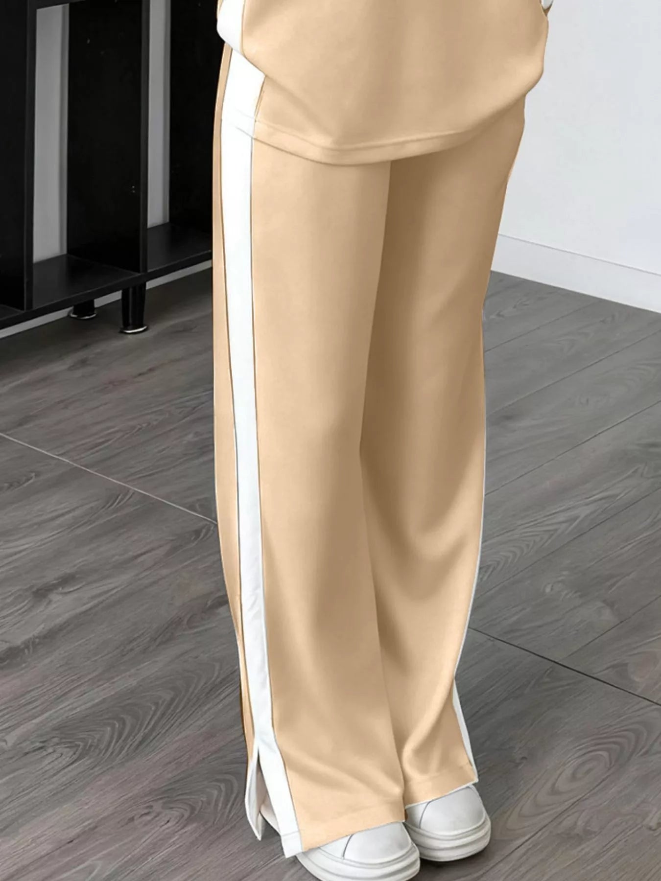 Full Size Contrast Round Neck Top and Pants Set Plus Size