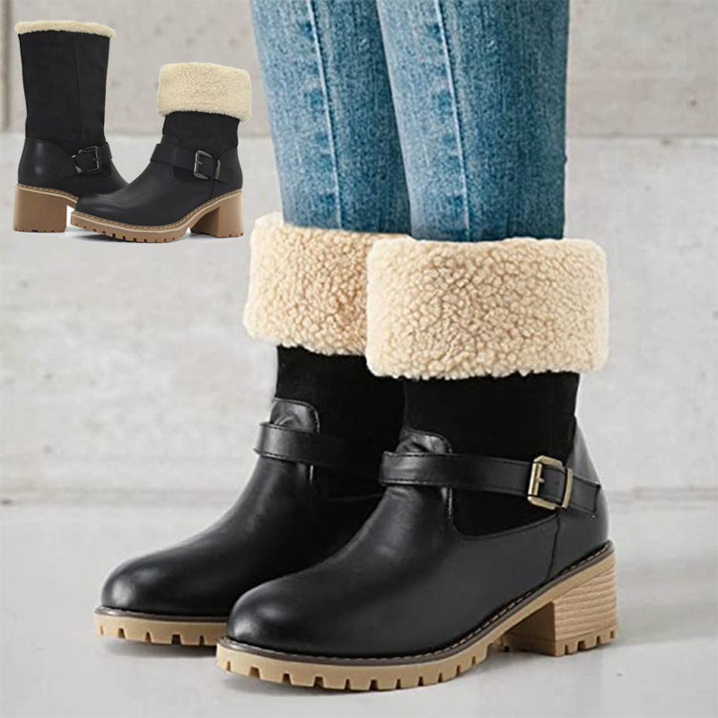 Women's Buckle Chunky Heel Western Boots | Warm Winter Round-Toe Mid Boots