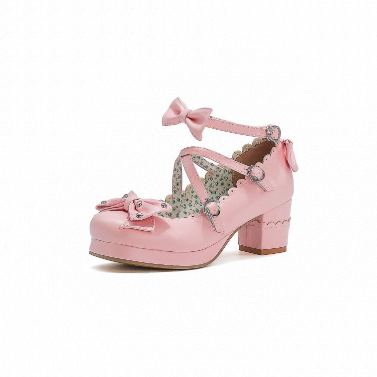 Women's Retro Cute Bow-Clasp Chunky Heel Pumps | Round Toe Block Heels