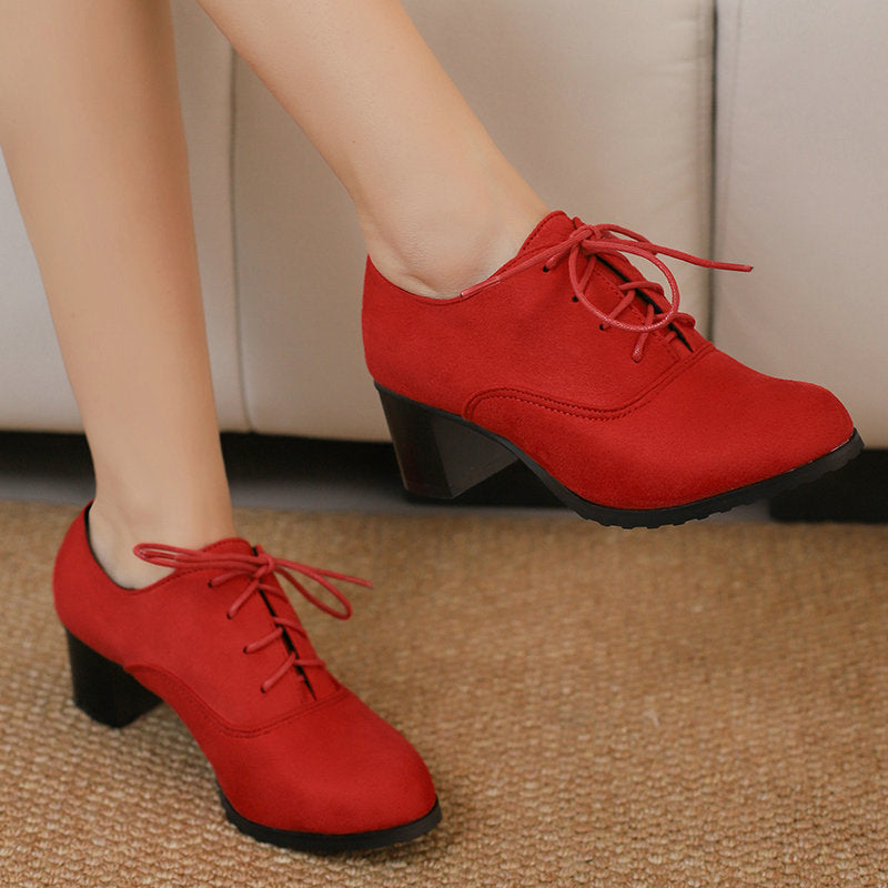 Women's Round Toe Chunky Heel Lace-Up Shoes - Suede Matte Finish High Heels