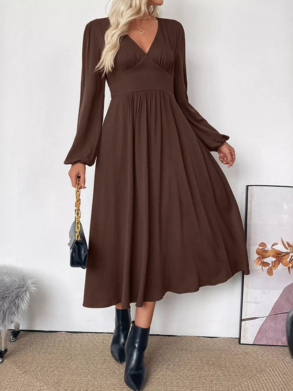 V-Neck Long Sleeve A-Line Midi Dress