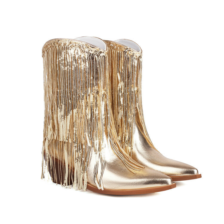 Women's Sequin Tassel Ankle Boots – Pointed Toe Chunky Heel Slip-On Party Boots