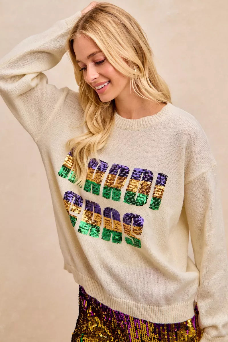 BiBi Mardi Gras Sequin Lattering Knit Top