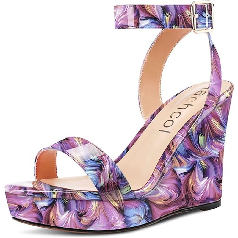Aachcol Womens Size 9 Purple 4" Wedge Heel Open Round Toe Ankle Strap Shoes