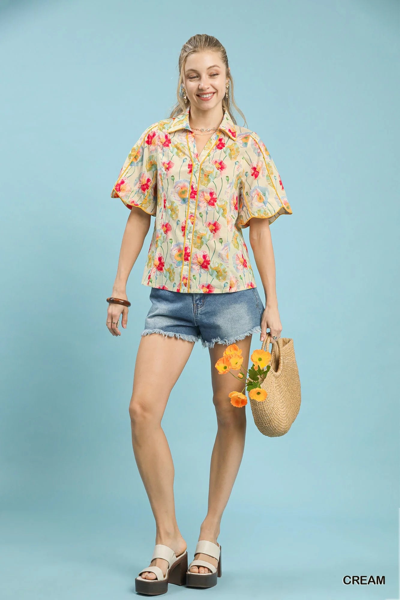 Umgee Floral Print Button-Down Blouse with Flutter Sleeves