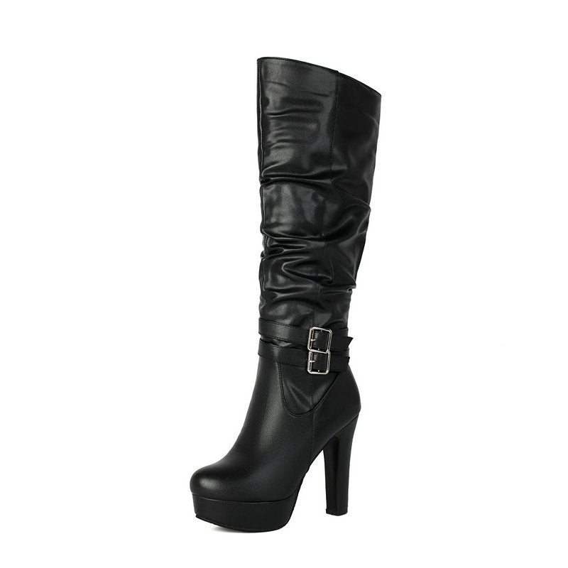 Women's Black Chunky Heel Over-the-Knee Boots - Waterproof Platform High Boots with Side Zipper