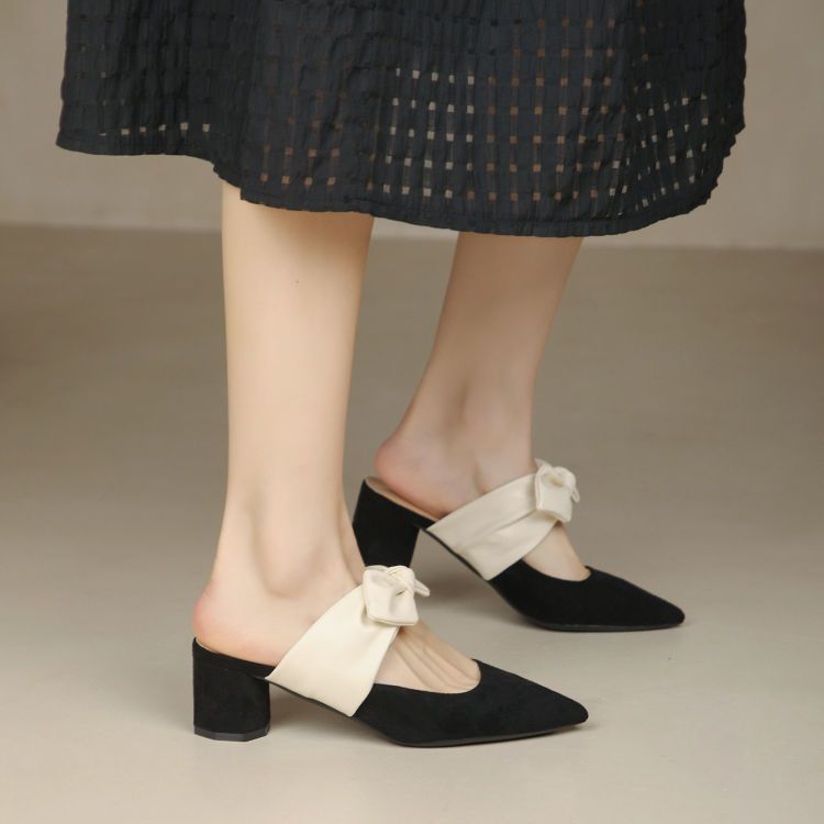 Women's Chunky Heel Pointed Toe Slip-On Heels with Bow | French Style Block Heels