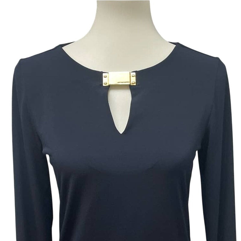Michael Kors Small Navy Long Sleeve Keyhole Gold Charm Polyester V-Neck Blouse
