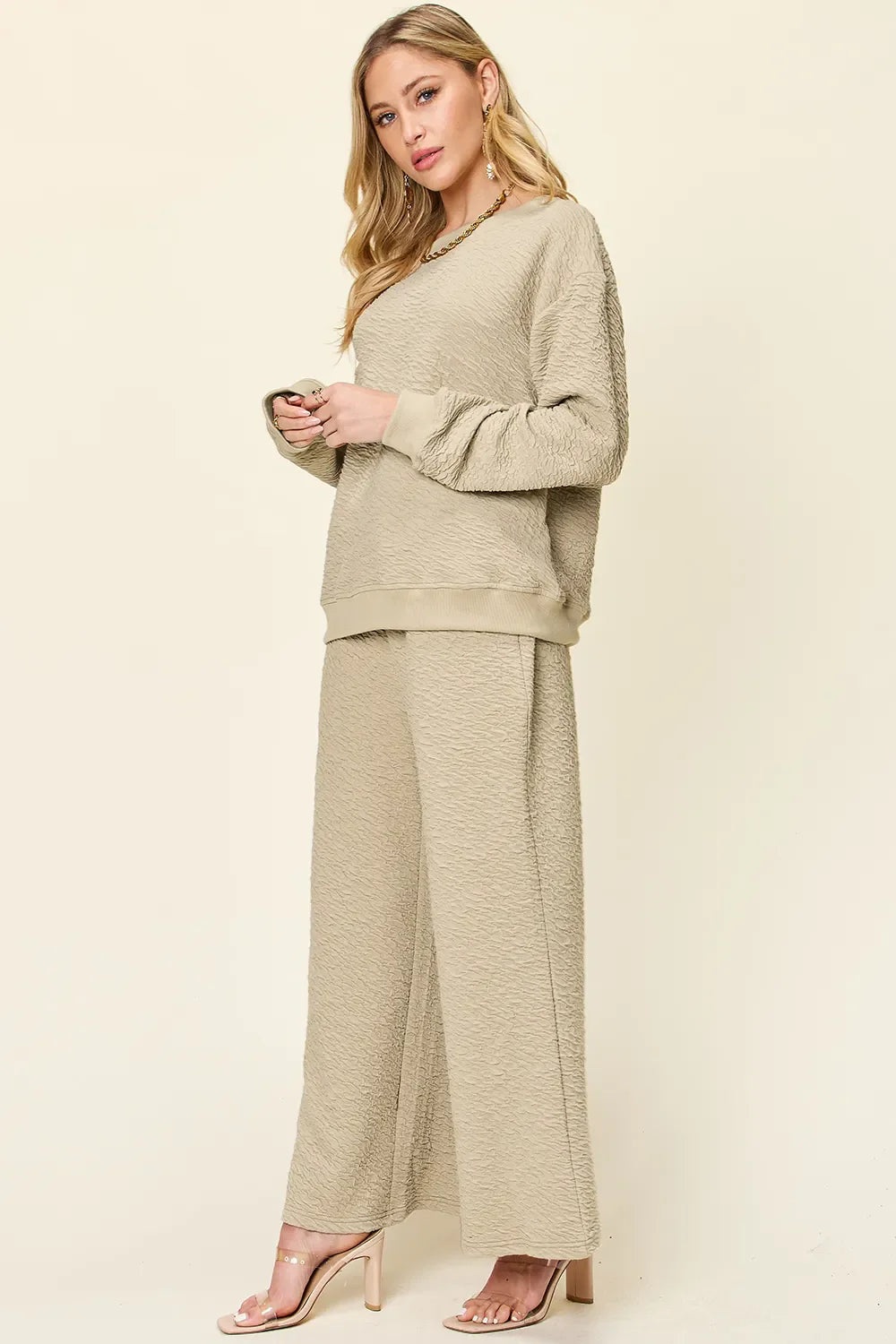Double Take Full Size Texture Long Sleeve Top and Pants Set