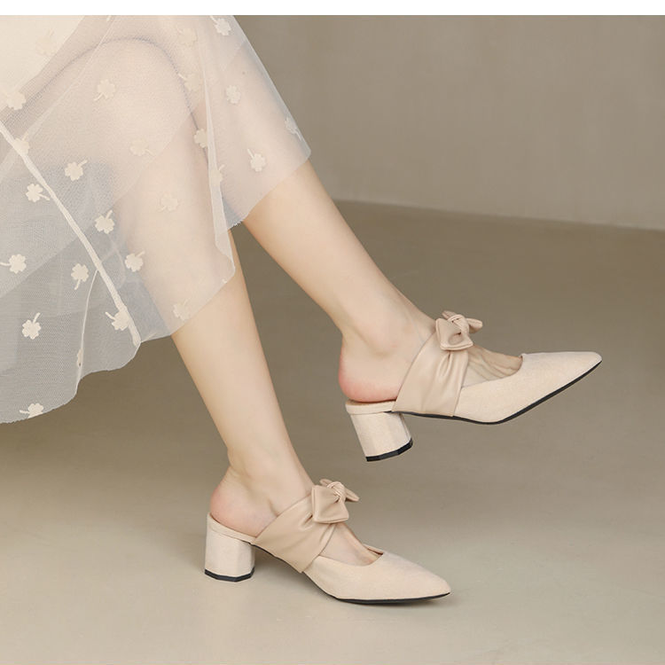 Women's Chunky Heel Pointed Toe Slip-On Heels with Bow | French Style Block Heels