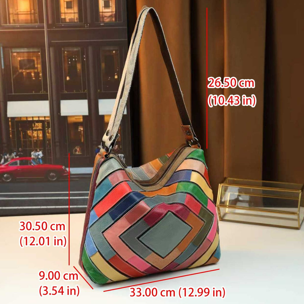 Geometric Grid Leather Patchwork Colorful Shoulder Bag - Women's Genuine Leather Handbag with Multiple Compartments
