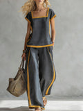 Women’s Square Neck Short Sleeve Two Piece Pants Set