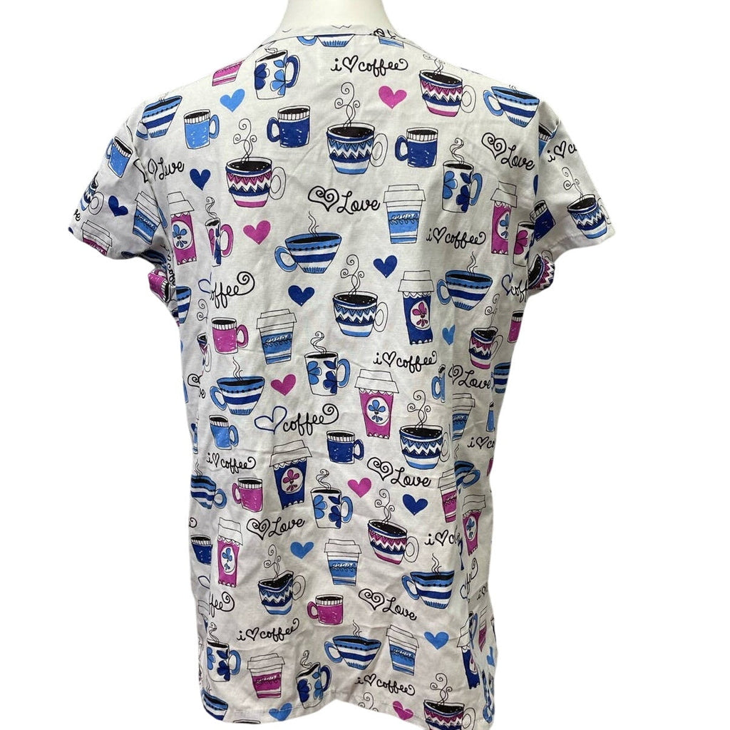 Lot of 2 24/7 Comfort Womens Large Cotton Blend Love Coffee V-Neck Scrub Tops