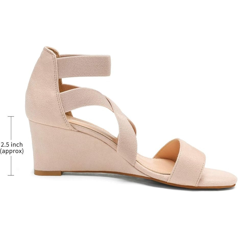 Dream Pairs Womens 8 Tan Faux Suede Elastic Ankle Strap 2.5" Wedge Heel Shoes