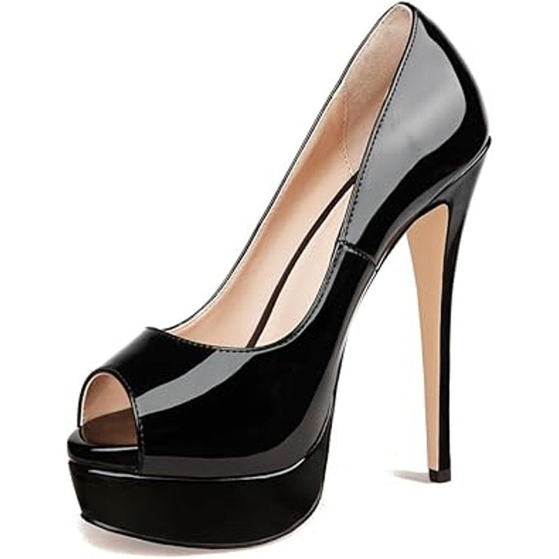 New Merumote Womens Size 7 Shiny Black Peep Toe 6" Platform Heel Stilletto Shoes