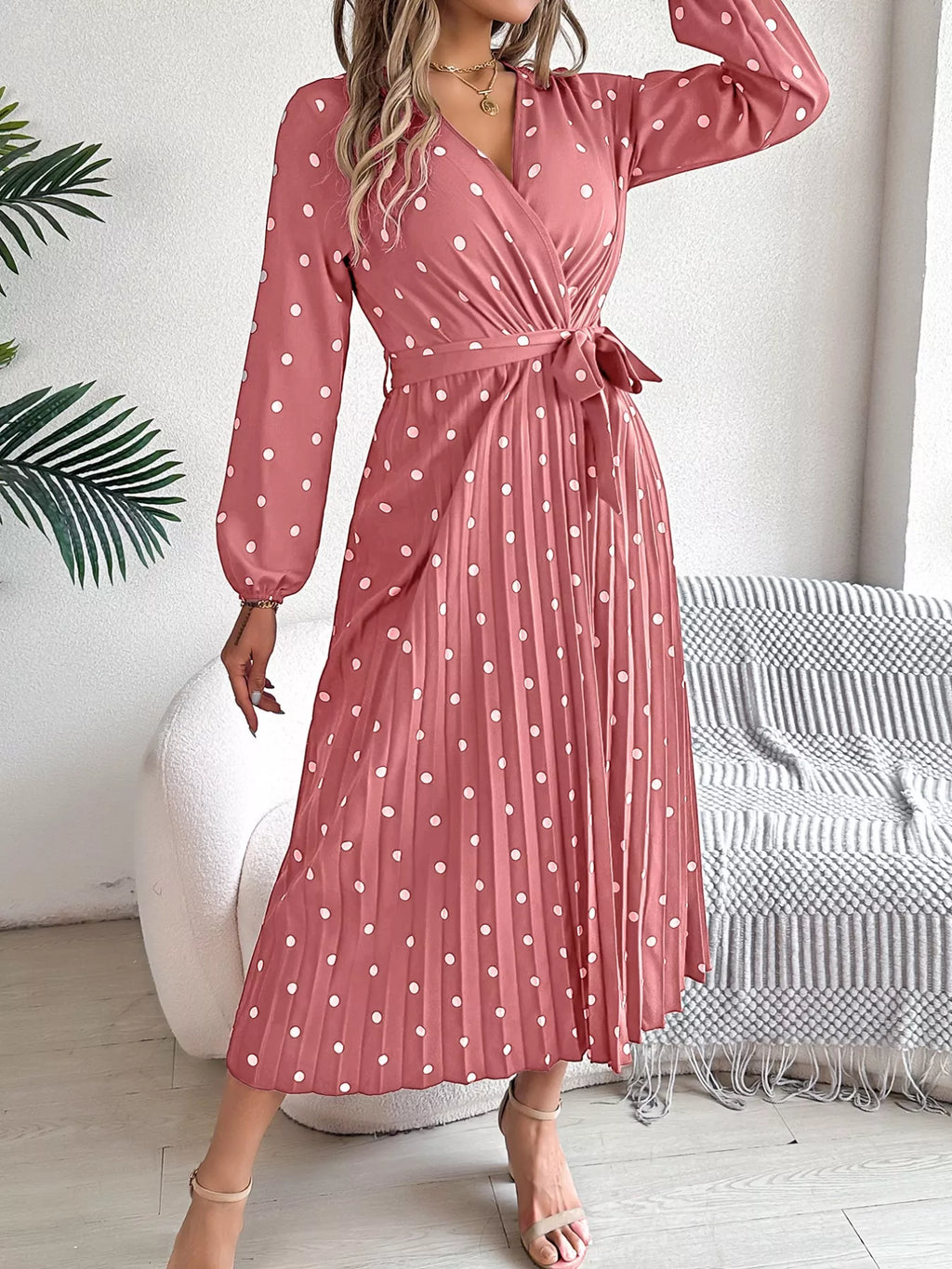 Front Tie Polka Dot Midi Pleated Dress