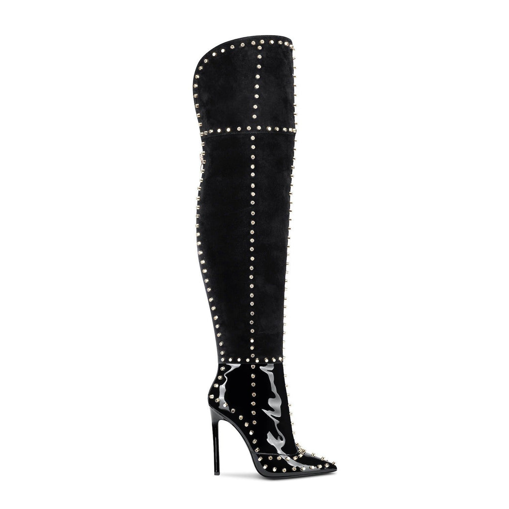 Women's Gold Studded Stiletto Pointed-Toe Fashion Boots | High Heel Slip-On