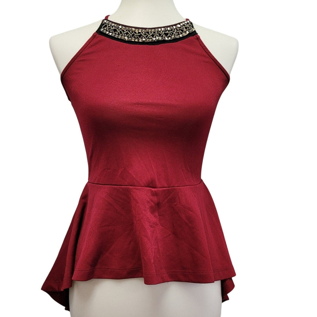 Miss Chievous Womens Small Spaghetti Strap Beaded Neck Hi Low Peplum Top