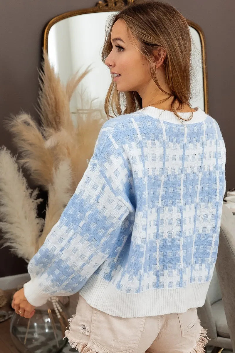BiBi Hashtag Grid Textured V-Neck Sweater