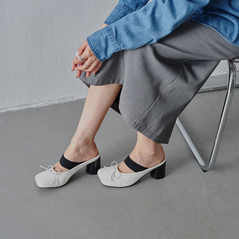 Women's Washed Cowhide Leather Ballet Mule Block Heel Sandals | Elastic Strap Open-Back Heels